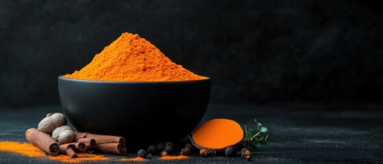 A bowl of vibrant orange spice surrounded by cinnamon sticks and nutmeg on a dark background.