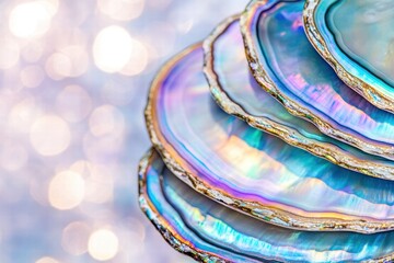 Artistic close-up of abalone shell showcasing faded jewel tones and soft iridescent highlights with natural textures