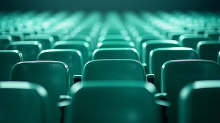 Fototapeta premium Softly blurred image of empty green theater chairs, aligned perfectly, evoking a quiet and abandoned mood with vintage charm