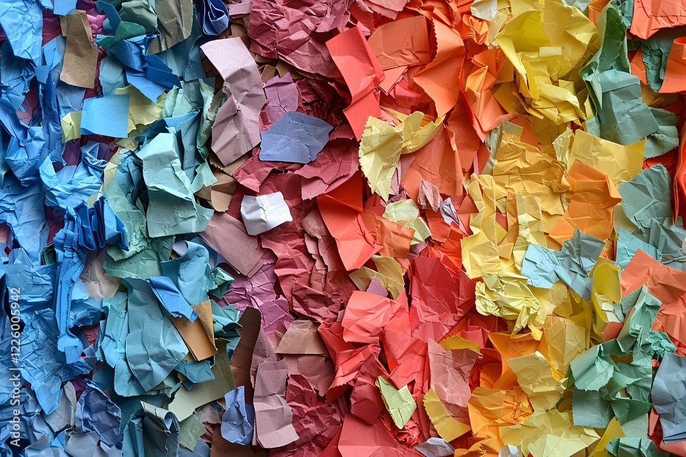 Poster dynamic and disordered backdrop made up of ripped and wrinkled colorful paper, creating an abstract 