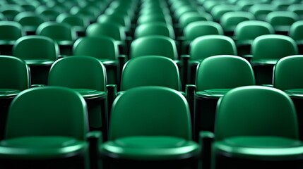 Naklejka premium Softly blurred image of empty green theater chairs, aligned perfectly, evoking a quiet and abandoned mood with vintage charm