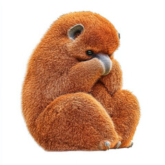 Red primate, fluffy fur, sitting, hands clasped.