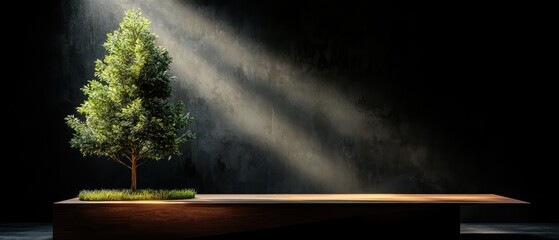 A solitary tree on a wooden platform illuminated by beams of light in a dark setting.