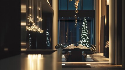 Elegant dining room with christmas tree and modern lighting at night setting