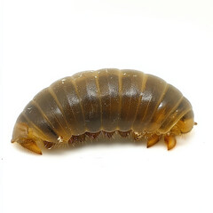 Naklejka premium Close-up of a segmented, brown larva on white.