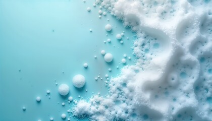 Close-up view of bubbly soap foam on light blue surface. Soap suds form textured mound. Small round droplets scattered around foam. Clean, refreshing image evokes sense of hygiene, cleanliness. Light