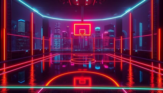 A vibrant, 3D rendered image of a futuristic basketball court, bathed in vibrant neon lights.
