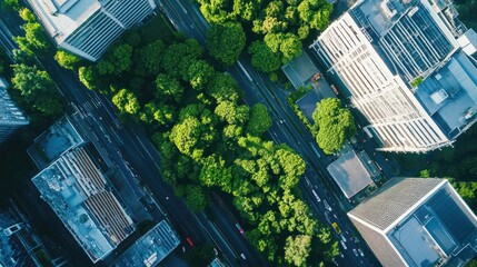 Aerial View of City Buildings and Green Trees, Featuring Roads with Vehicles
