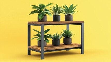 An industrial plant stand with a sturdy metal frame and wooden shelves on a vibrant yellow background.
