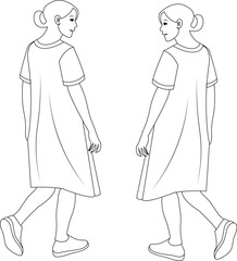 Vector line art illustration women in stylish dresses walking away, a minimalist illustration.