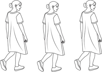 Three women in stylish casual dresses, walking away vector line art illustration.
