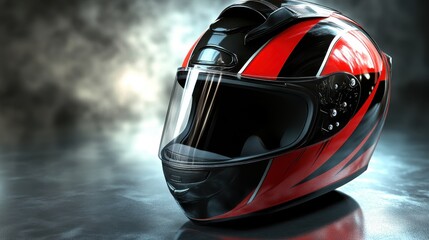 Fototapeta premium A black and red modular motorcycle helmet on a shiny chrome background.
