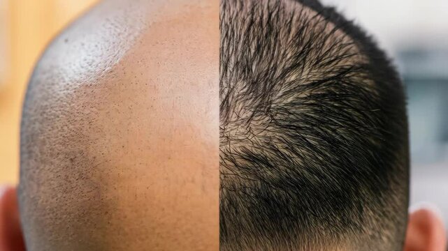 Witness the stunning difference One side shows thinning hair while the other flaunts a full, vibrant mane posttransplant.