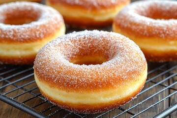 Freshly baked, golden sugar-coated donuts cooling on a wire rack in a cozy kitchen setting