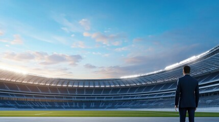 Businessman Standing in Empty Stadium with Clear Sky and Modern Architecture in Sunrise Light
