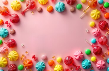 Fototapeta premium Colorful assortment of candies forms vibrant frame against soft pink background. Various shapes, colors including round sweets, lollipops, meringue-like treats arranged in visually appealing pattern.