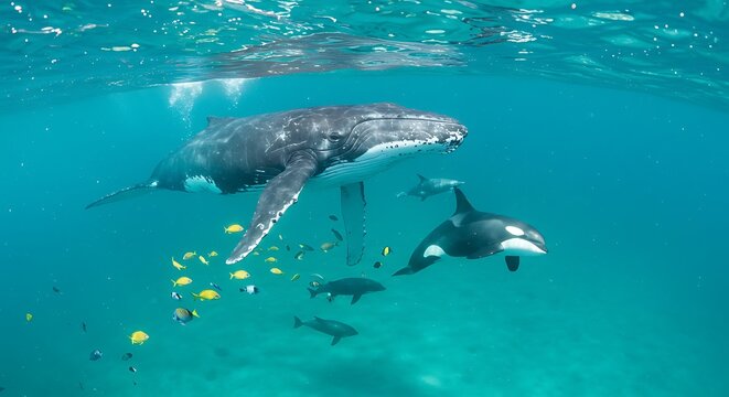 Majestic humpback whale and killer whale in vibrant blue ocean. Amazing marine wildlife.