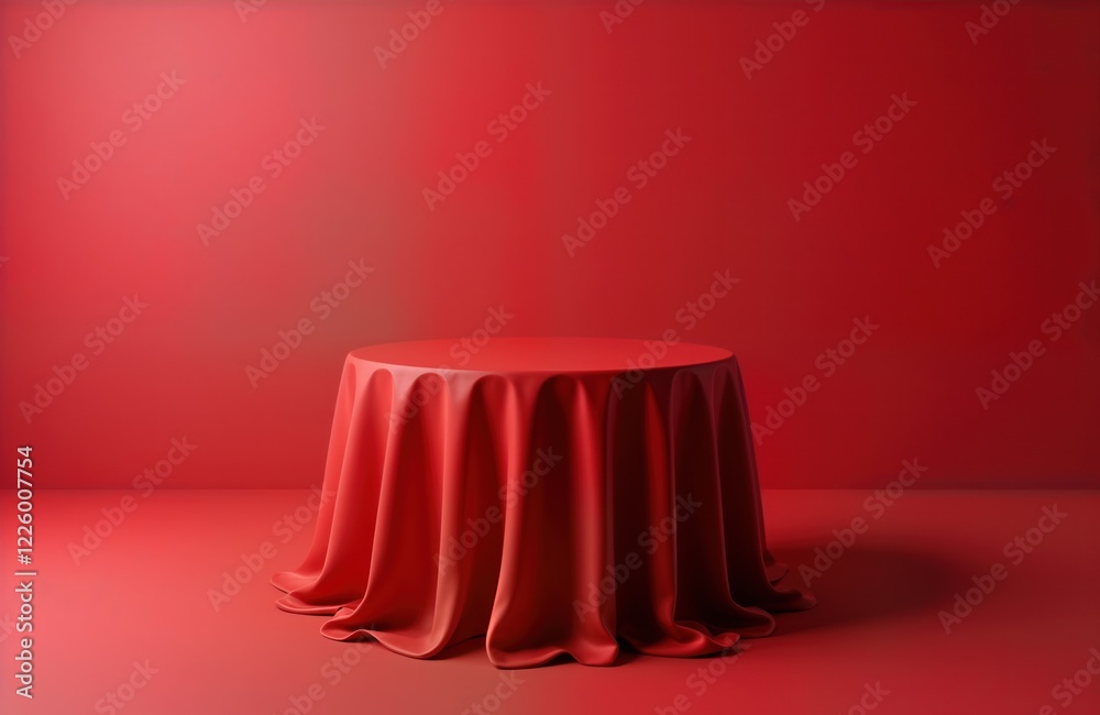 Poster Round red table covered with red cloth on solid red background. Minimalist style. Simple composition. Front view. Elegant design. Modern and uncluttered. Suitable for product display. Studio shot.