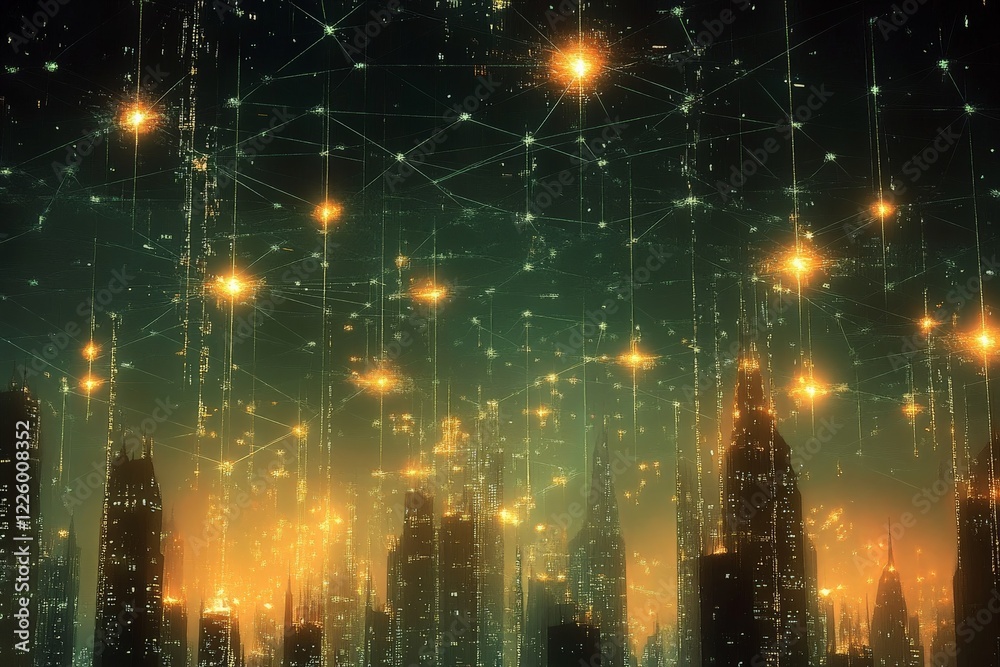 Aufkleber city skyline illuminated by sparkling lights at dusk with a digital network overlay