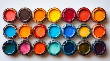 Colorful Array of Mini Paint Tins Creating a Vibrant Grid Pattern for Artistic Inspiration