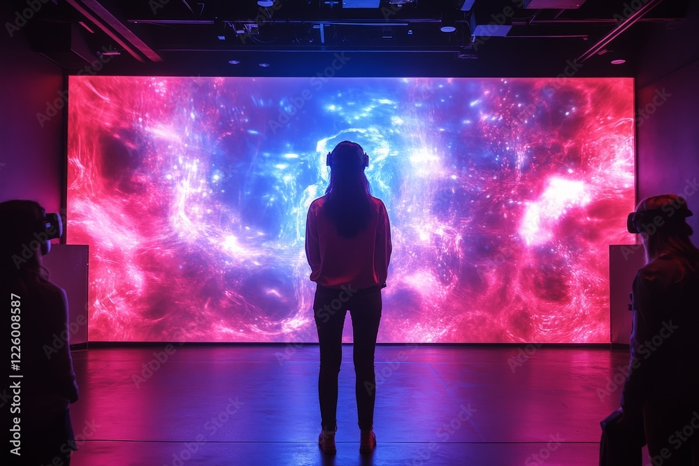 Aufkleber Virtual reality experience in a modern exhibition space with colorful visual effects displayed on a large screen