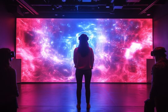 Virtual reality experience in a modern exhibition space with colorful visual effects displayed on a large screen