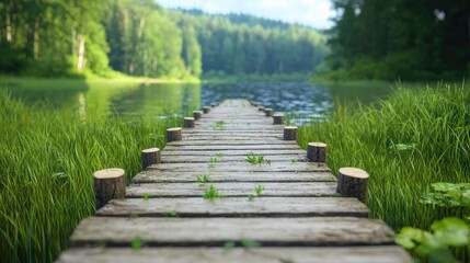 Obraz premium Wooden dock extends into a calm lake surrounded by lush green forest during a bright summer day.