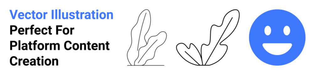 Line drawings of abstract plants paired with a bold, minimalist blue smiling face. Ideal for social media design, web graphics, branding, digital art, creative projects, educational material, modern