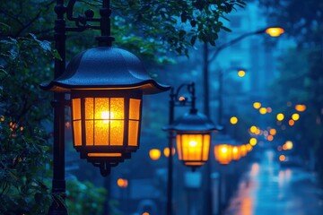 Street lamps illuminate a rainy evening in a quiet urban area surrounded by trees