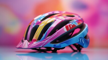 Fototapeta premium A colorful kids bike helmet with playful designs on a pastel background.