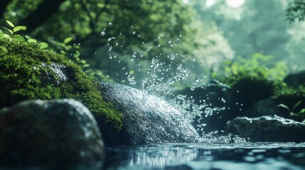 Sparkling Water Splashing on Mossy Stones in Lush Green Forest