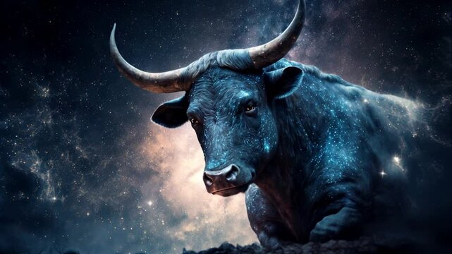 Zodiac sign of Taurus, bull with magical light in space at night, concept of horoscope, astrology, sky, star. 