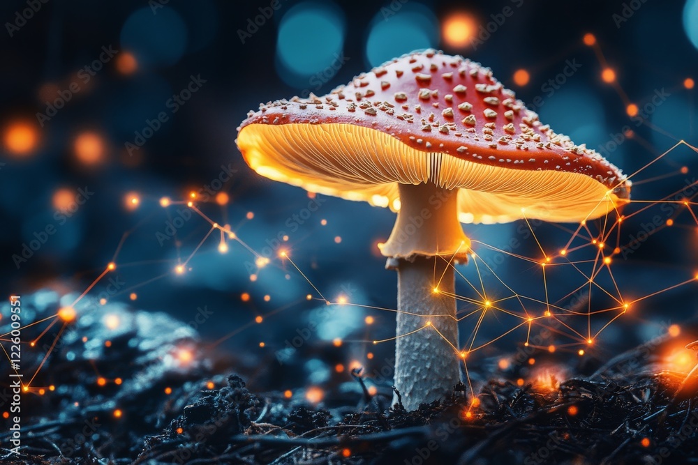 Aufkleber Glowing red mushroom illuminated by soft lights in a dark forest setting