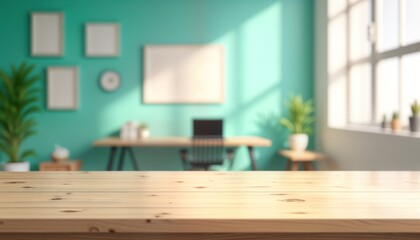 Light wooden table top with blurred modern office interior. Sunny day. Green walls, empty space. Concept for product presentation. Suitable for health care, pharmacy, design businesses. Empty