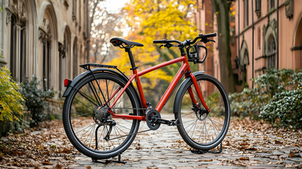 Fototapeta premium Red hybrid bike parked on autumn city street