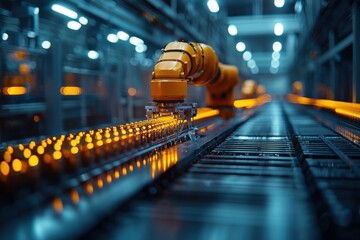 Advanced robotic arm performing precision assembly in a modern manufacturing facility during nighttime