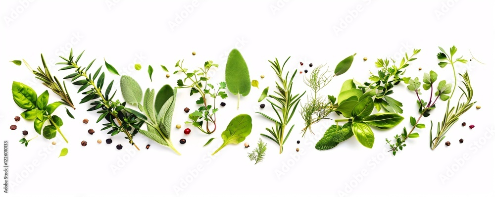 Poster fresh herbs and whole spices arranged on a white background, perfect for adding a culinary touch to 