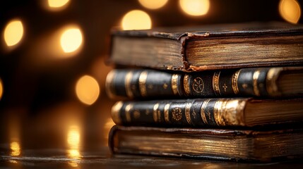 Close-up of vintage books stacked unevenly, leather bindings showing patina and wear, with a soft glow of candlelight illuminating their texture