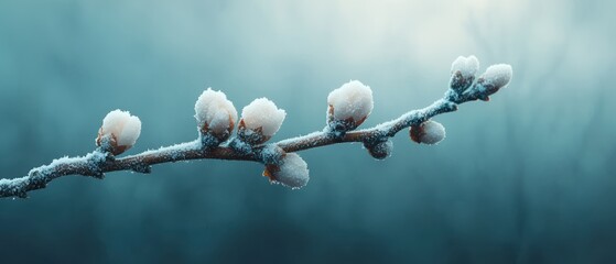 A close-up of a frosty branch with soft, snow-covered buds against a blurred background.