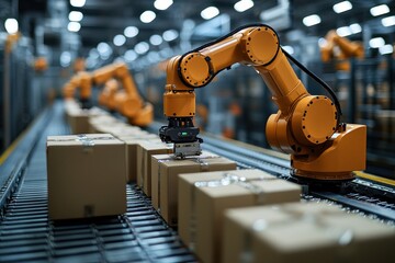 Automated robotic arm sorts packages along a conveyor in a modern warehouse facility during daytime operations