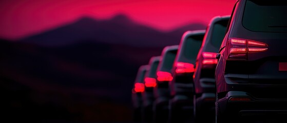 A line of vehicles with illuminated taillights against a vibrant sunset backdrop.