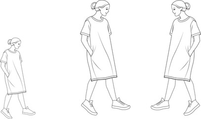 Stylish Women in Midi Dresses Walking, Perfect for Fashion vector line art illustration