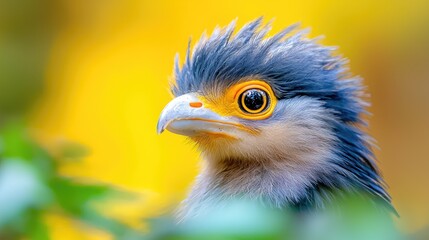 Fototapeta premium Colorful bird with blue spiky feathers and a bright yellow eye ring stands alert in a sunny garden.