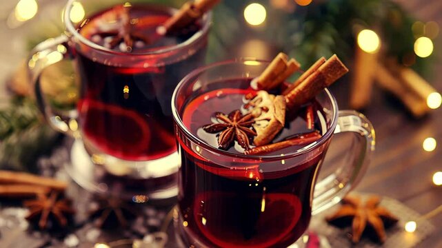 Two glasses of mulled wine, A traditional hot drink synonymous with Christmas time, Ai Generated