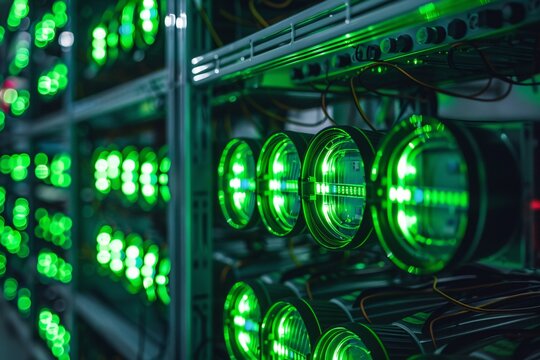 High-temperature cryptocurrency mining rig with green led lights and powerful gpu cards