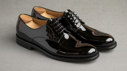 Naklejka premium A pair of glossy black derby shoes displayed on a neutral grey surface.