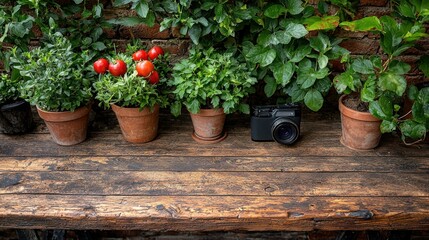 Camera and potted plants on rustic wooden table