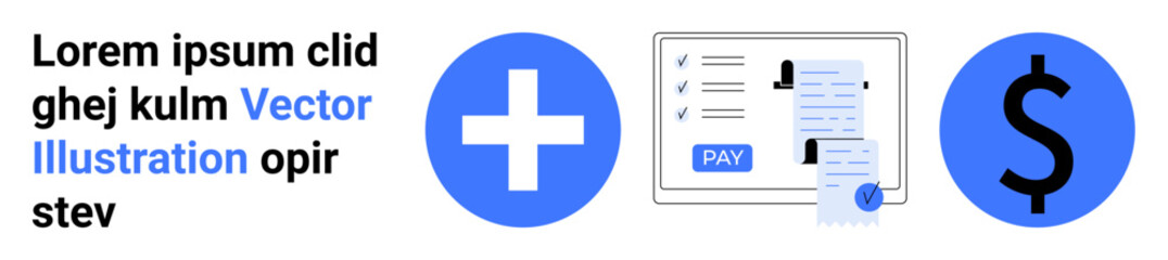 Obraz premium Payment completion screen with a checklist, plus sign, and dollar icon. Ideal for financial services, billing processes, healthcare, e-commerce, fintech apps, accounting and abstract line flat