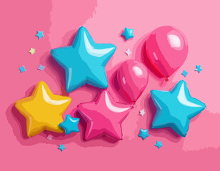 3D y2k star icon set, plastic space abstract futuristic shape, cosmic pink inflatable heart, drops. Balloon acid galaxy symbol collection, cute simple creative sign. 3D star sparkle pink forms kit