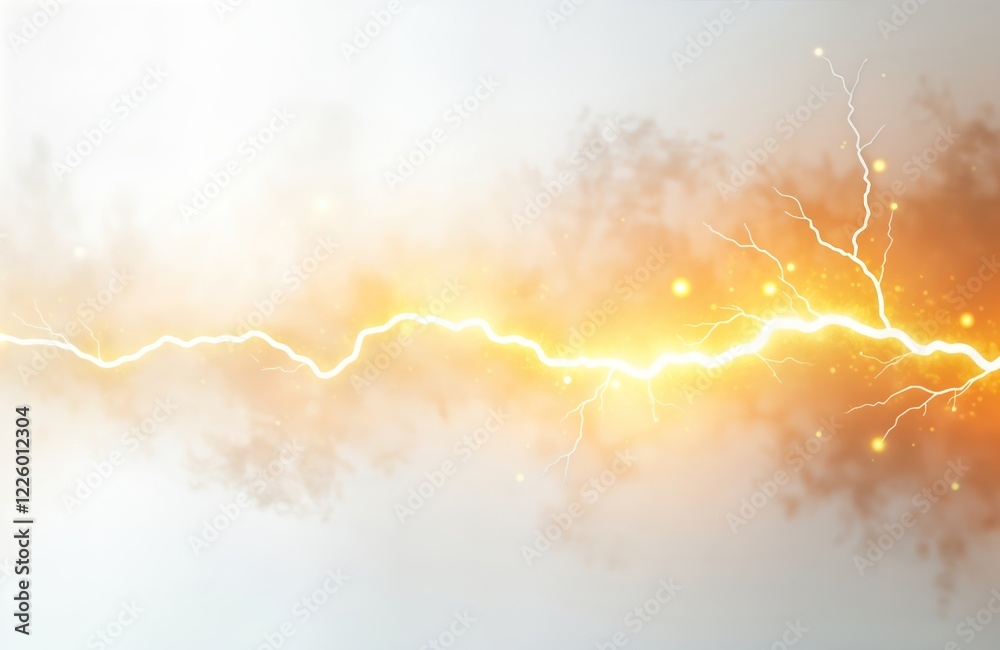 Poster dramatic lightning bolt illuminates atmospheric phenomena. powerful discharge across hazy clouds. vi
